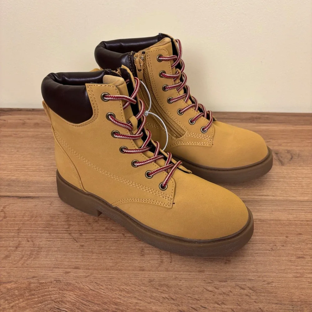 STEVE MADDEN JJumble Combat Boots Tan Kids Size 3 Side Zip Lace Up Low Heel